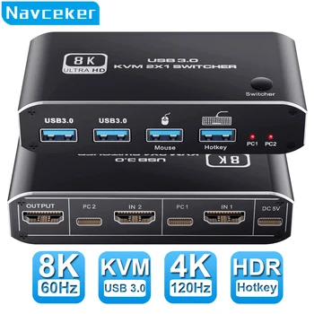 Navceker 8K KVM Anahtarı HDMI uyumlu 4K 120Hz 2 Port HD KVM Switcher Kutusu USB Paylaşılan Monitör Klavye Ve Fare Yazıcı PC